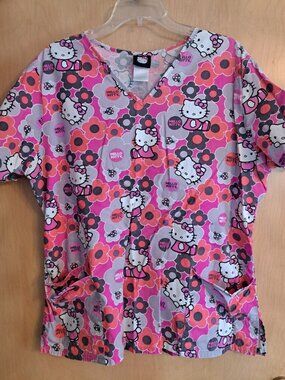Hello Kitty Scrub Top Shirt L Large Pink Grey Women's Short Sleeve
